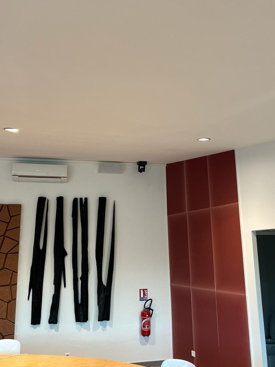 Panneaux absorbants verticaux sur un mur de salle de conférence